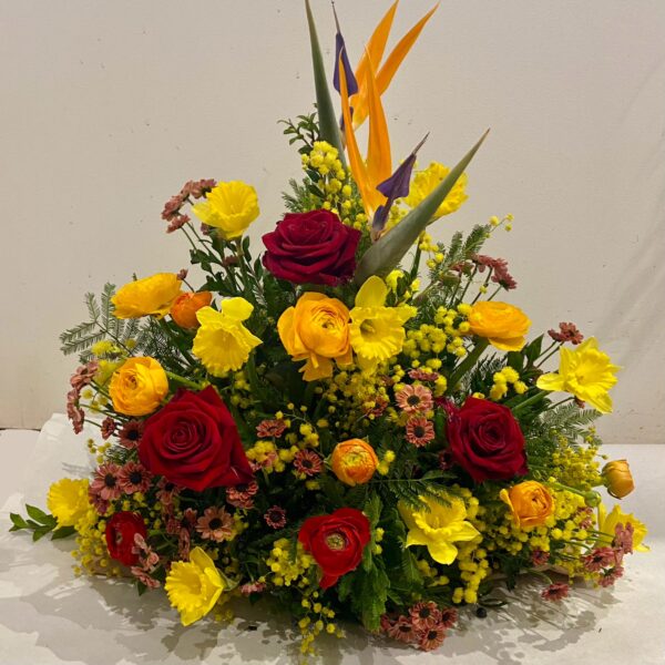 deuil composition florale narcisse jonquille santini mimosa strelitzia hopital croix saint simon fleur cérémonie arrangement floral fleur pour tombe fleurissement tombe plante pour tombe composition pour cérémonie